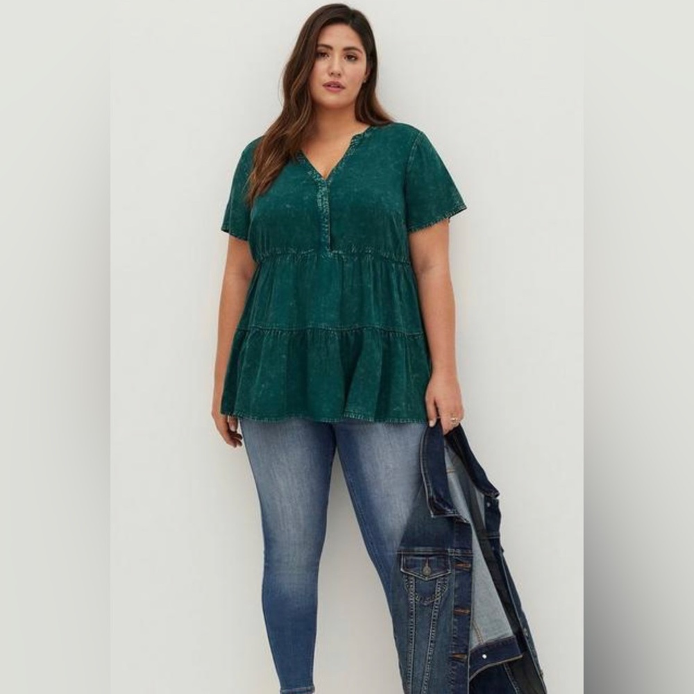 Women's Plus Peplum Button V-Neck Top - Green
